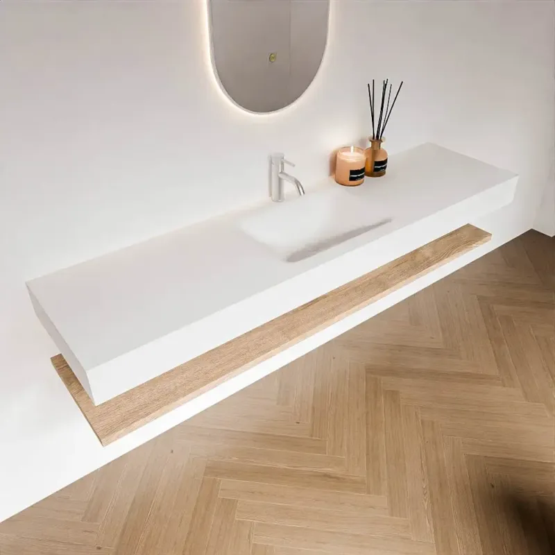 Zaro Alan badmeubel 180cm met planchet washed oak en vrijhangende wastafel cloud midden 1 kraangat talc Must-Have