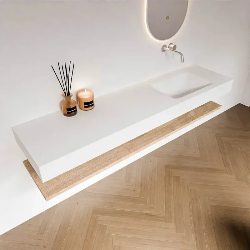 Bestel Nu Zaro Alan badmeubel 180cm met planchet washed oak en vrijhangende wastafel cloud rechts zonder kraangat talc