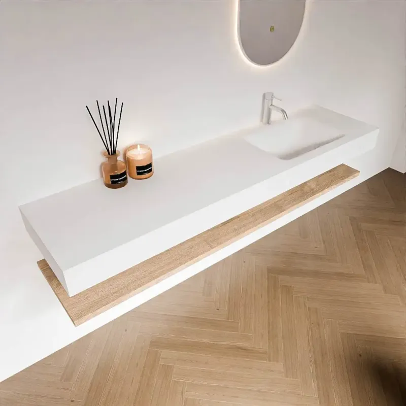Zaro Alan badmeubel 180cm met planchet washed oak en vrijhangende wastafel cloud rechts 1 kraangat talc Direct Beschikbaar