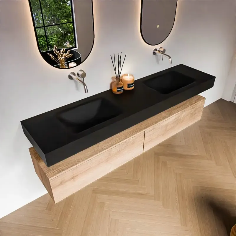 Zaro Alan badmeubel 190cm washed oak 2 lades met vrijhangende wastafel cloud dubbel zonder kraangat urban Beperkte Voorraad