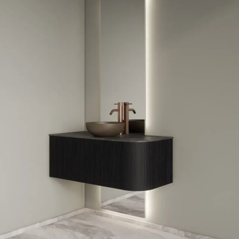 Gliss Design Alluro badmeubel ribbelfront met ronding rechts 100cm black en zwart leisteen toppaneel Populair