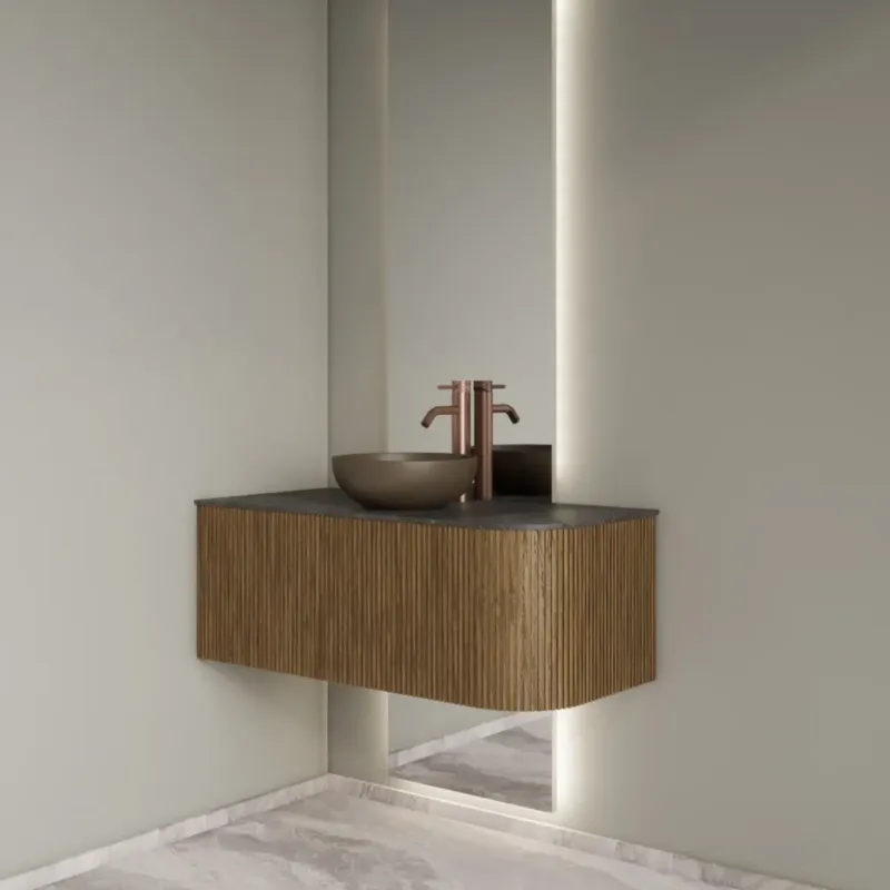 Gliss Design Alluro badmeubel ribbelfront met ronding rechts 100cm castle brown en zwart leisteen toppaneel Exclusieve Aanbieding