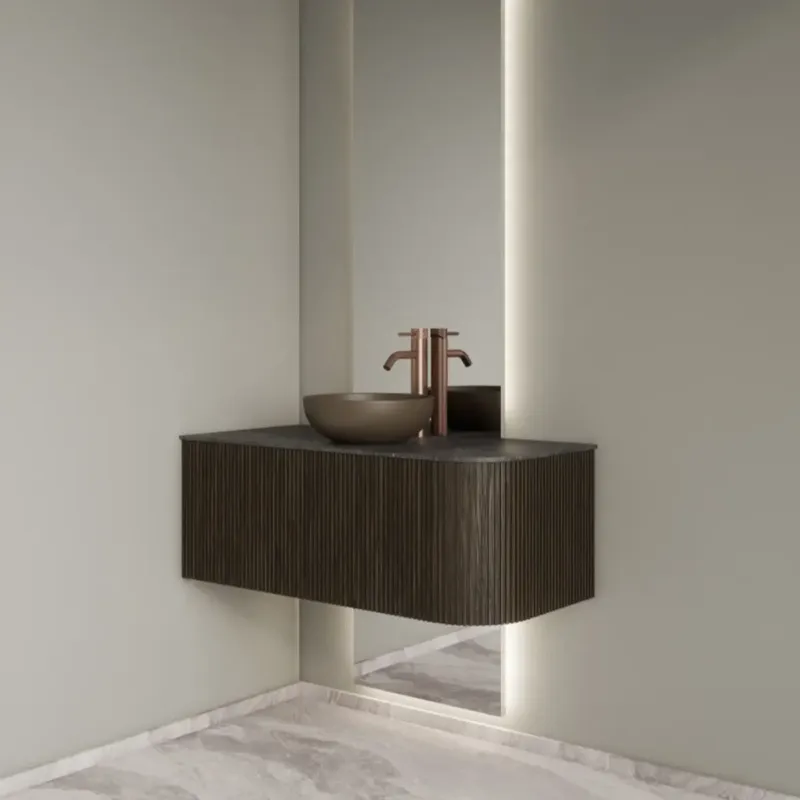 Express Levering Gliss Design Alluro badmeubel ribbelfront met ronding rechts 100cm charcoal en zwart leisteen toppaneel