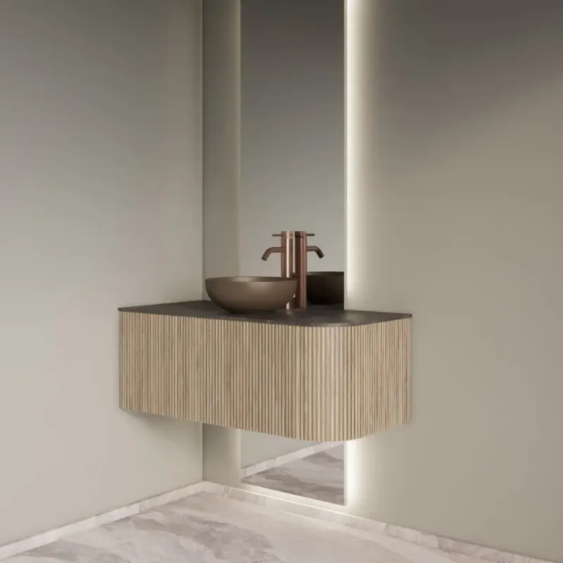 Voordeelprijs Gliss Design Alluro badmeubel ribbelfront met ronding rechts 100cm corn silk en zwart leisteen toppaneel