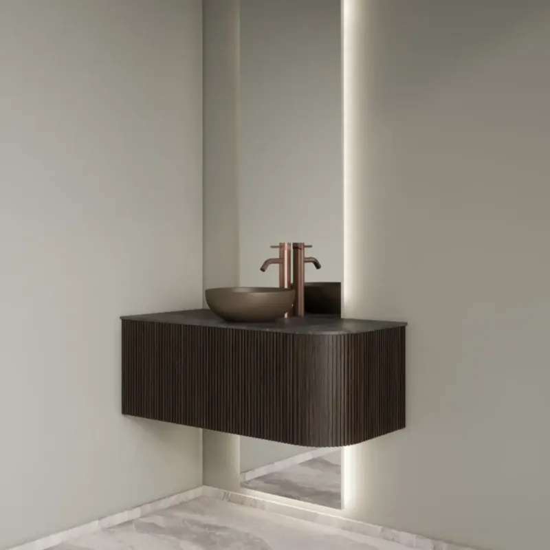 Seizoensaanbieding Gliss Design Alluro badmeubel ribbelfront met ronding rechts 100cm ebony en zwart leisteen toppaneel