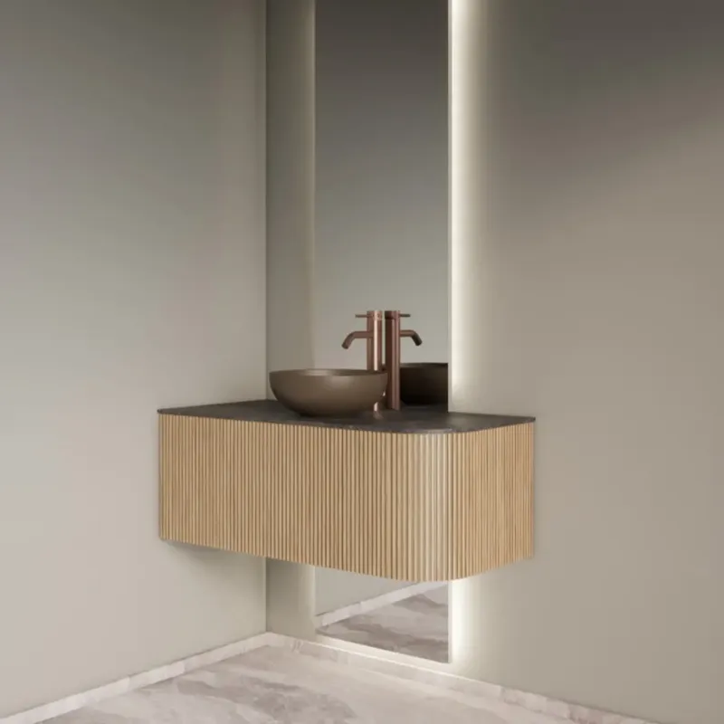 Gliss Design Alluro badmeubel ribbelfront met ronding rechts 100cm mist en zwart leisteen toppaneel Bestseller