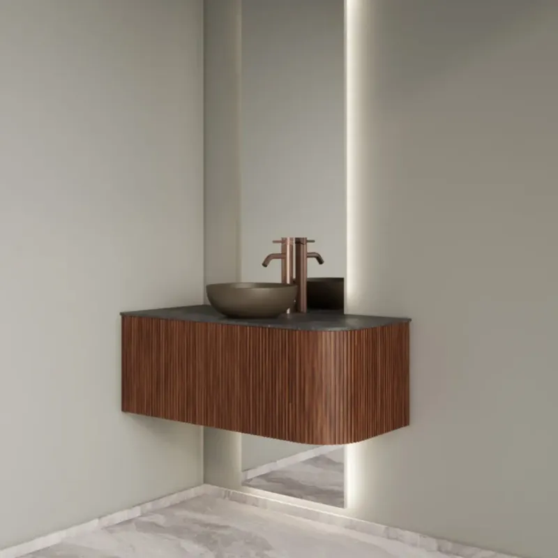 Op = Op Gliss Design Alluro badmeubel ribbelfront met ronding rechts 100cm walnut en zwart leisteen toppaneel