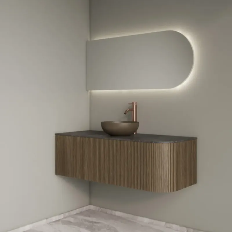 Gliss Design Alluro badmeubel ribbelfront met ronding rechts 120cm ash grey en zwart leisteen toppaneel Voordeelprijs