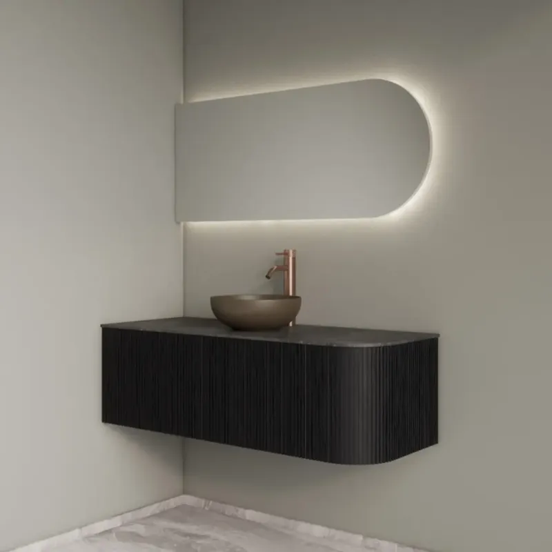 Gliss Design Alluro badmeubel ribbelfront met ronding rechts 120cm black en zwart leisteen toppaneel Beperkt Aanbod