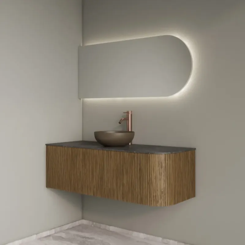 Gliss Design Alluro badmeubel ribbelfront met ronding rechts 120cm castle brown en zwart leisteen toppaneel Voordeelprijs