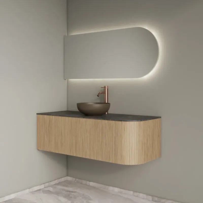 Gliss Design Alluro badmeubel ribbelfront met ronding rechts 120cm mist en zwart leisteen toppaneel Weekendaanbieding