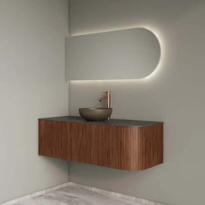 Gliss Design Alluro badmeubel ribbelfront met ronding rechts 120cm walnut en zwart leisteen toppaneel Dagaanbieding