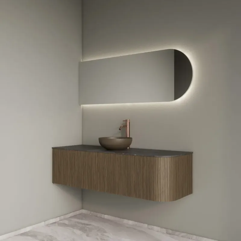 Uitverkoop Gliss Design Alluro badmeubel ribbelfront met ronding rechts 140cm ash grey en zwart leisteen toppaneel