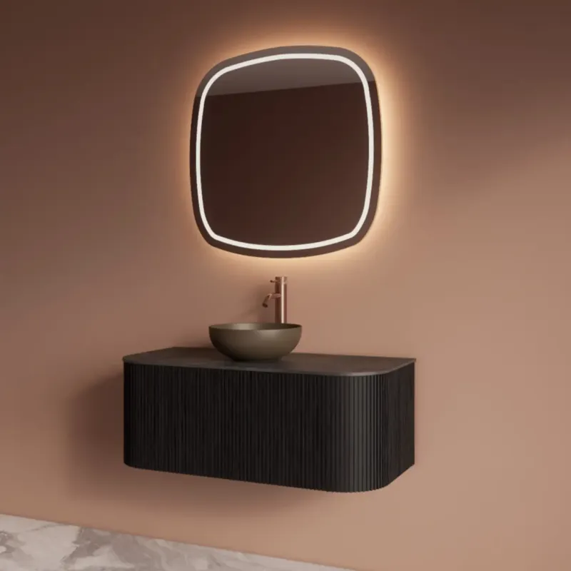 Snelle Levering Gliss Design Alluro badmeubel ribbelfront met ronding links/rechts 100cm black en zwart leisteen toppaneel
