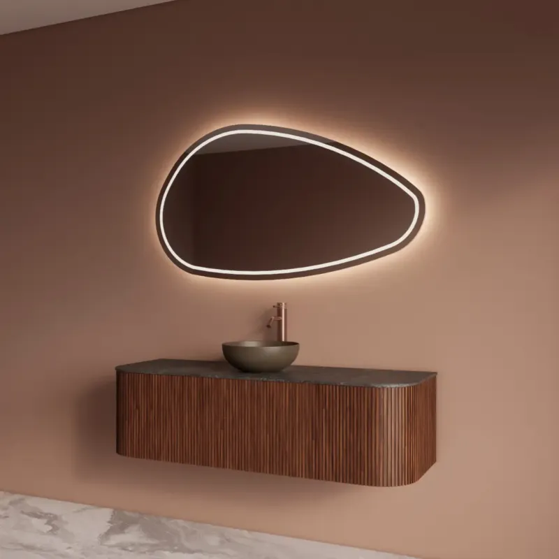 Rechtstreeks Van De Fabrikant Gliss Design Alluro badmeubel ribbelfront met ronding links/rechts 140cm walnut en zwart leisteen toppaneel