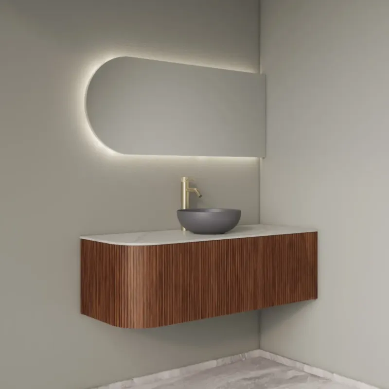 Actieprijs Gliss Design Alluro badmeubel ribbelfront met ronding links 120cm walnut en wit marmer toppaneel