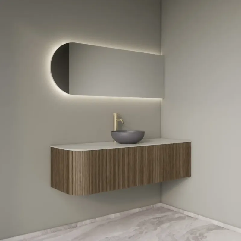 Seizoensaanbieding Gliss Design Alluro badmeubel ribbelfront met ronding links 140cm ash grey en wit marmer toppaneel