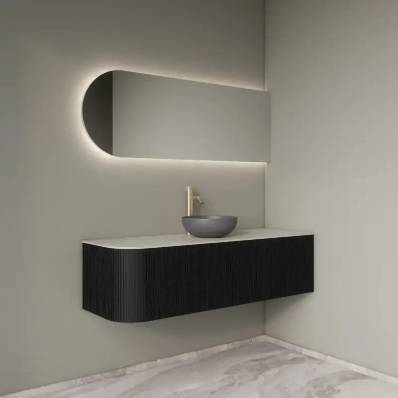 Uitverkoop Gliss Design Alluro badmeubel ribbelfront met ronding links 140cm black en wit marmer toppaneel