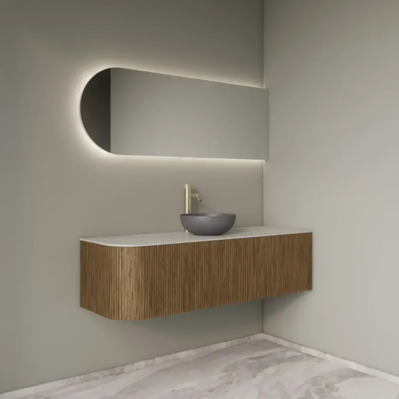 Populair Gliss Design Alluro badmeubel ribbelfront met ronding links 140cm castle brown en wit marmer toppaneel