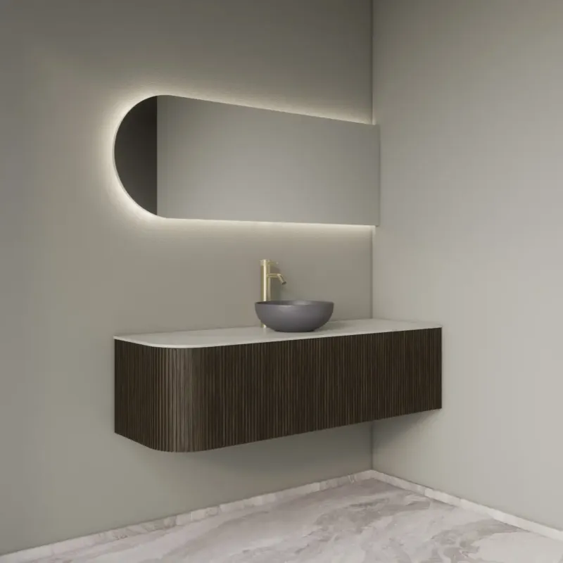 Voordeelprijs Gliss Design Alluro badmeubel ribbelfront met ronding links 140cm charcoal en wit marmer toppaneel