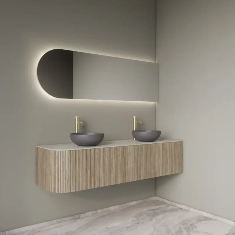 Alleen Vandaag Gliss Design Alluro badmeubel ribbelfront met ronding links 160cm corn silk en wit marmer toppaneel