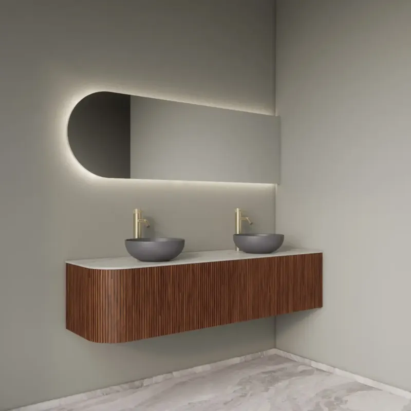 Shop Nu Gliss Design Alluro badmeubel ribbelfront met ronding links 160cm walnut en wit marmer toppaneel