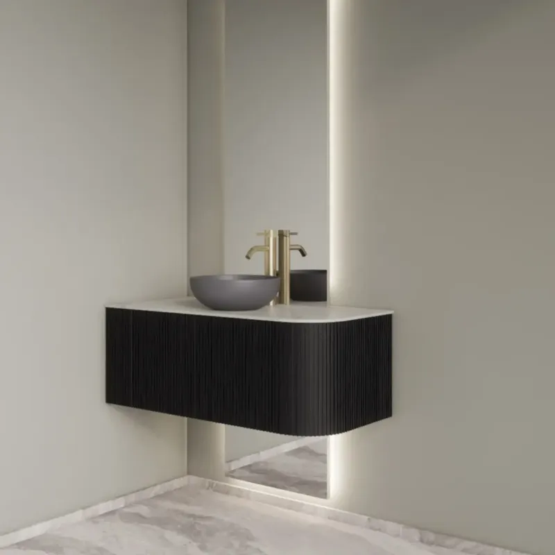 Tijdelijk Beschikbaar Gliss Design Alluro badmeubel ribbelfront met ronding rechts 100cm black en wit marmer toppaneel