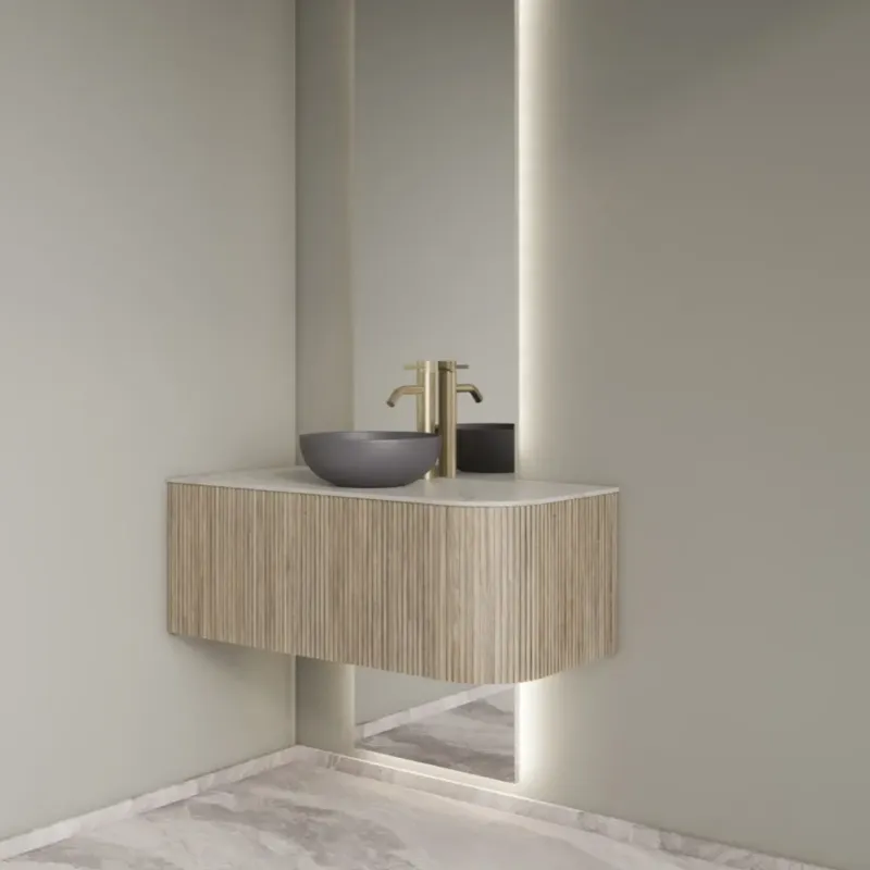 Uitverkoop Gliss Design Alluro badmeubel ribbelfront met ronding rechts 100cm corn silk en wit marmer toppaneel