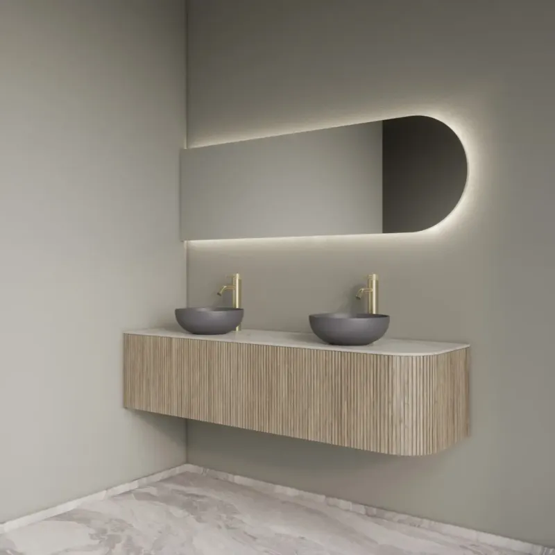 Tijdelijk Beschikbaar Gliss Design Alluro badmeubel ribbelfront met ronding rechts 160cm corn silk en wit marmer toppaneel
