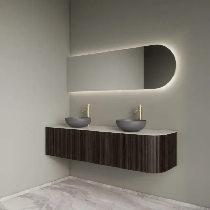 Alleen Vandaag Gliss Design Alluro badmeubel ribbelfront met ronding rechts 160cm ebony en wit marmer toppaneel