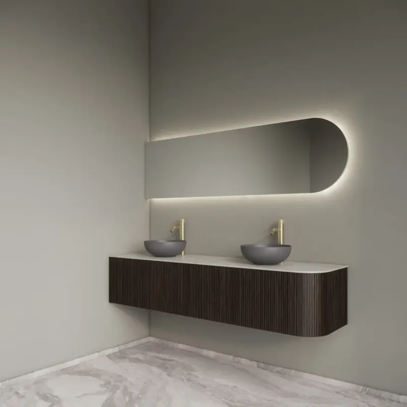 Op = Op Gliss Design Alluro badmeubel ribbelfront met ronding rechts 180cm ebony en wit marmer toppaneel