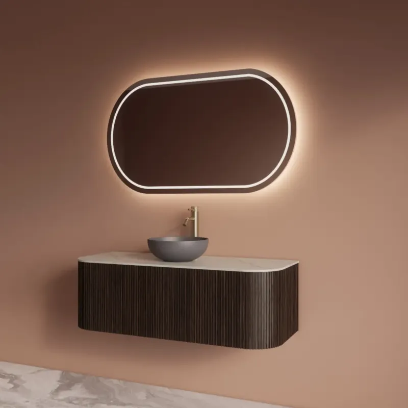 Actieprijs Gliss Design Alluro badmeubel ribbelfront met ronding links/rechts 120cm ebony en wit marmer toppaneel