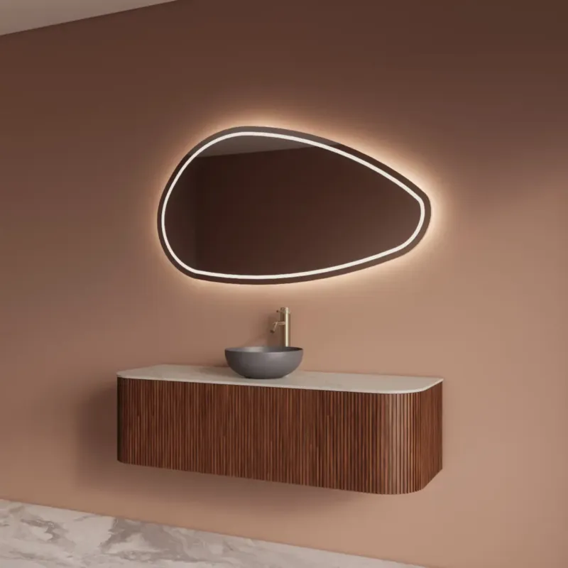 Speciale Aanbieding Gliss Design Alluro badmeubel ribbelfront met ronding links/rechts 140cm walnut en wit marmer toppaneel