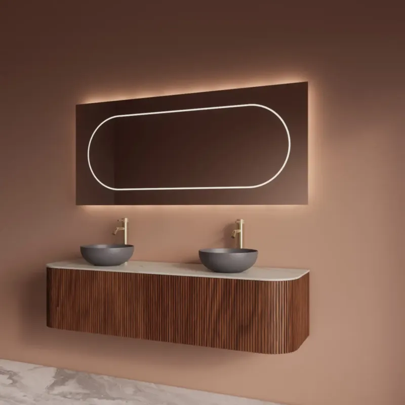 Snelle Levering Gliss Design Alluro badmeubel ribbelfront met ronding links/rechts 160cm walnut en wit marmer toppaneel