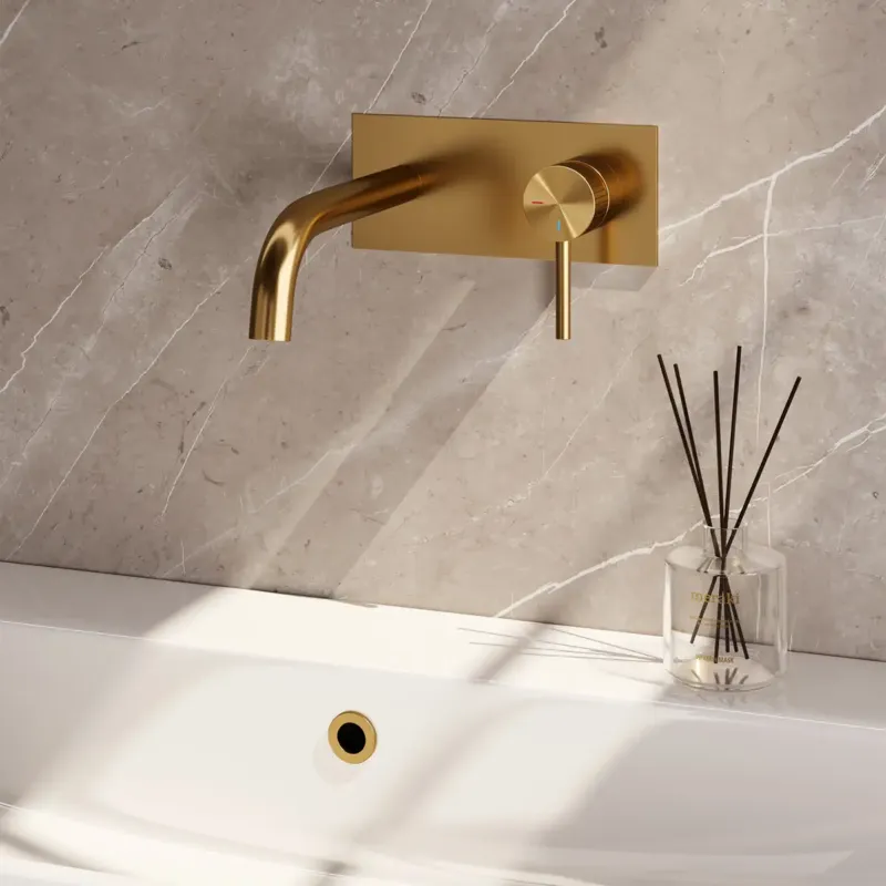 Bestel Nu Brauer Stripe inbouw wastafelkraan ColdStart met gebogen uitloop en afdekplaat model A1 messing geborsteld PVD