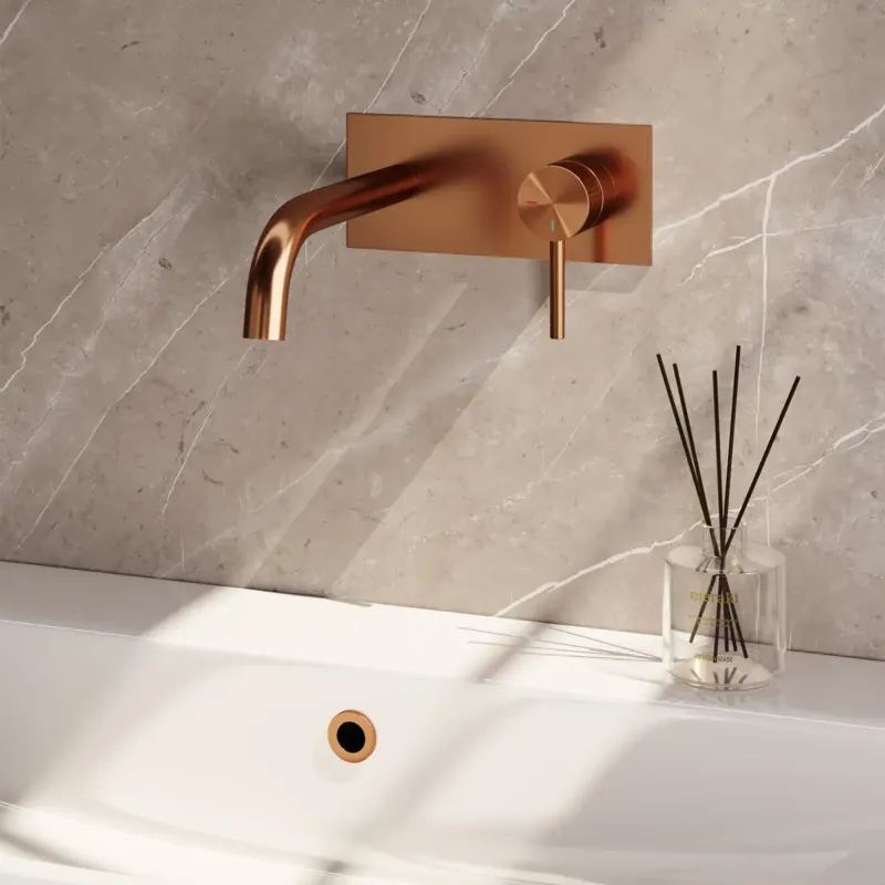 Brauer Stripe inbouw wastafelkraan ColdStart met gebogen uitloop en afdekplaat model A1 koper geborsteld PVD Gratis Retour