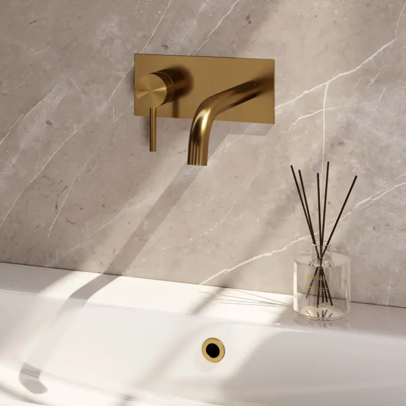 Lage Prijs Brauer Stripe inbouw wastafelkraan ColdStart met gebogen uitloop en afdekplaat model A2 messing geborsteld PVD