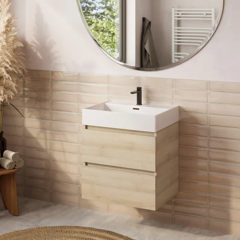 Weekendaanbieding Fontana badkamermeubel 60cm beach eiken met Plieger Kansas wastafel mat wit met kraangat