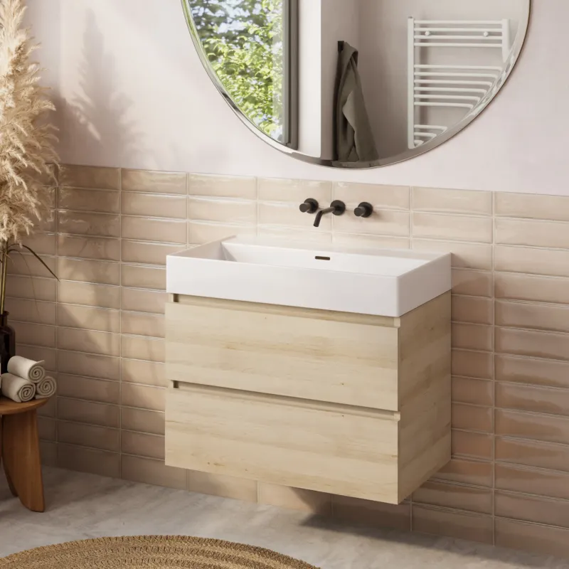 Beste Prijs Fontana badkamermeubel 80cm beach eiken met Plieger Kansas wastafel mat wit zonder kraangat