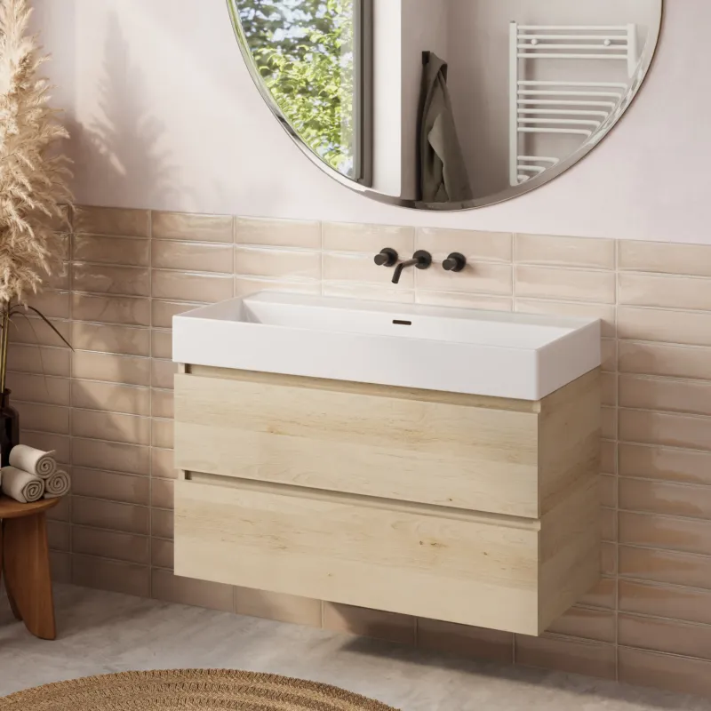 Beste Prijs Fontana badkamermeubel 100cm beach eiken met Plieger Kansas wastafel mat wit zonder kraangat