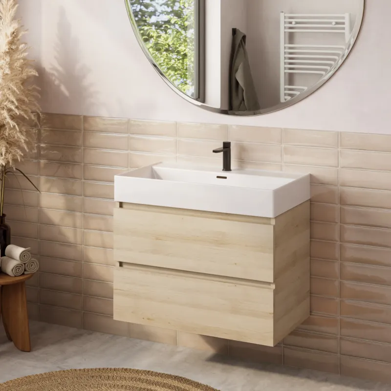 Shop Nu Fontana badkamermeubel 80cm beach eiken met Plieger Kansas wastafel glans wit met kraangat