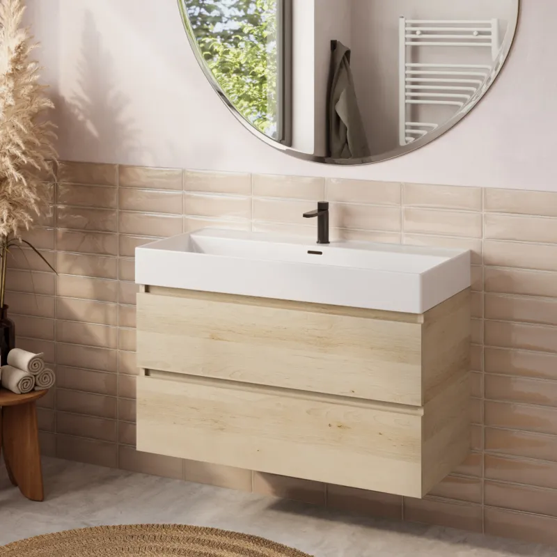 Shop Nu Fontana badkamermeubel 100cm beach eiken met Plieger Kansas wastafel glans wit met kraangat