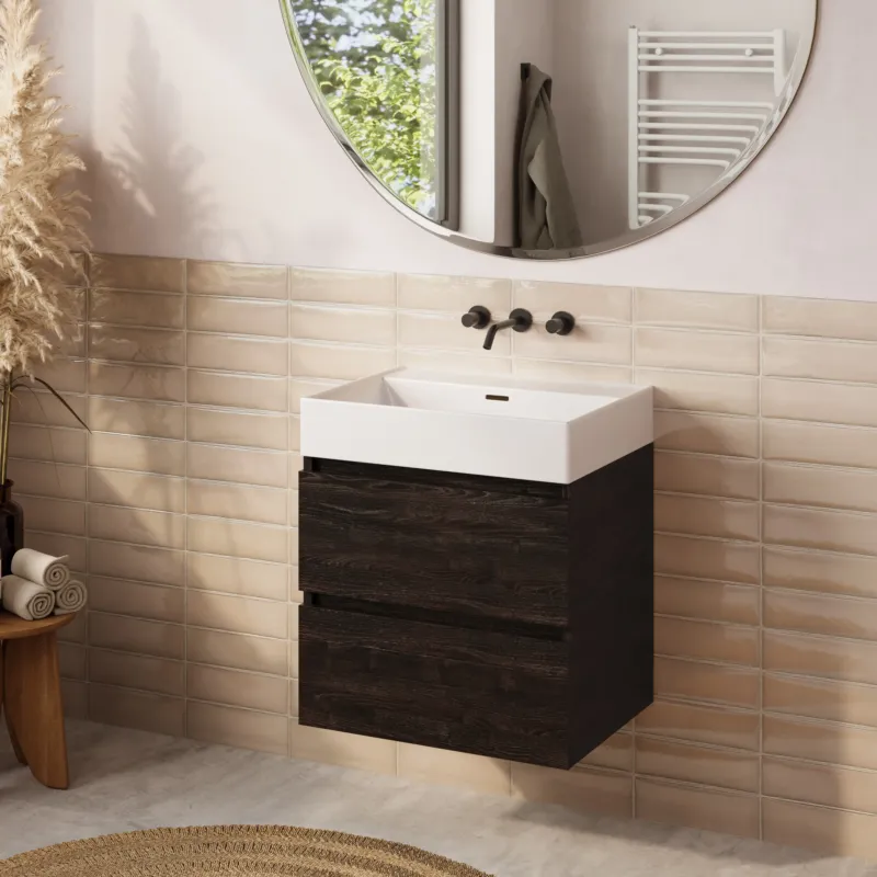 Snelle Levering Fontana badkamermeubel 60cm kasteel bruin met Plieger Kansas wastafel mat wit zonder kraangat