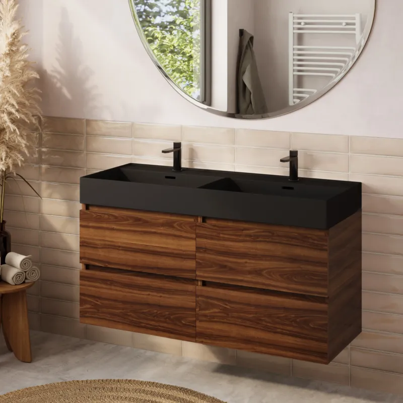 Beste Prijs Fontana badkamermeubel 120cm walnoot met Plieger Kansas wastafel mat zwart met 2 kraangaten