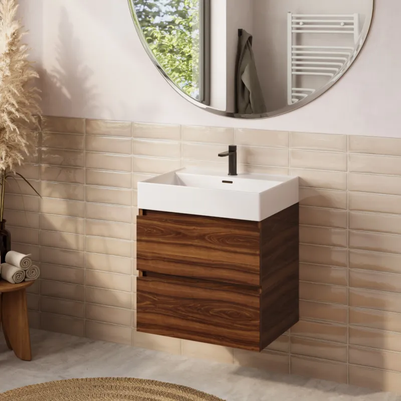 Speciale Aanbieding Fontana badkamermeubel 60cm walnoot met Plieger Kansas wastafel glans wit met kraangat