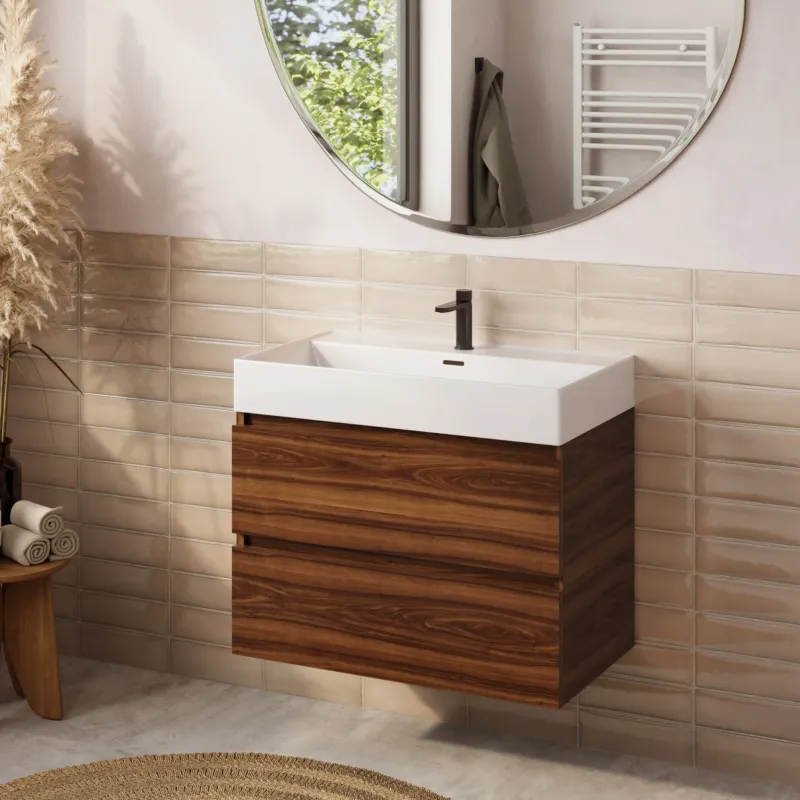 Speciale Aanbieding Fontana badkamermeubel 80cm walnoot met Plieger Kansas wastafel glans wit met kraangat