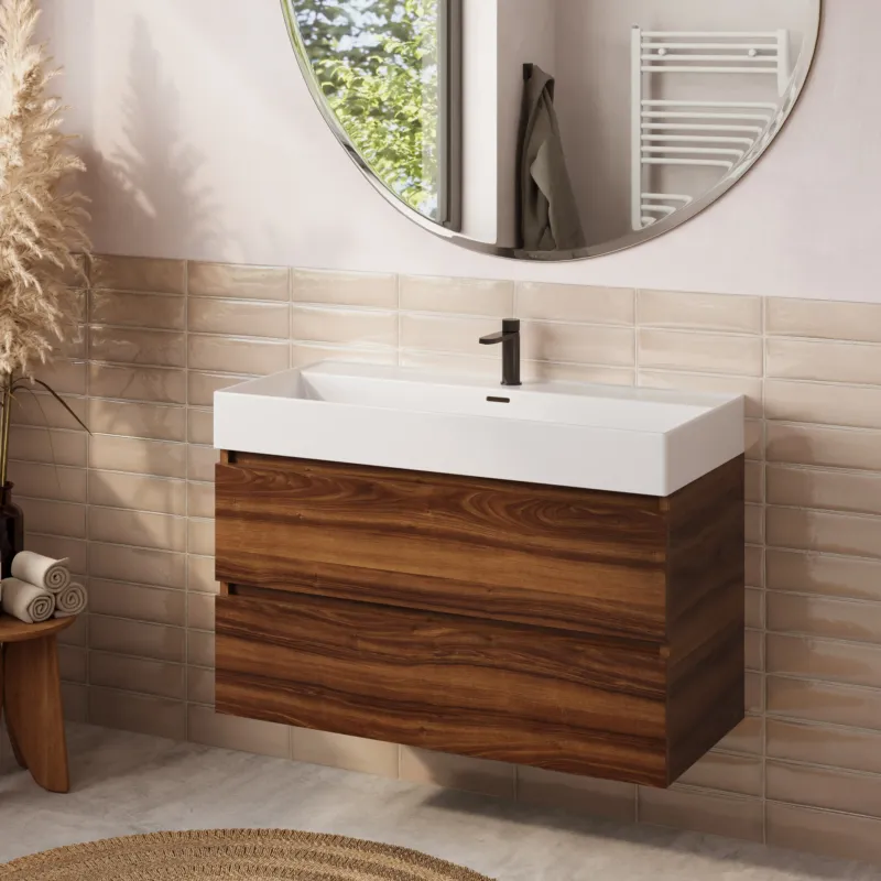 Beperkt Aanbod Fontana badkamermeubel 100cm walnoot met Plieger Kansas wastafel glans wit met kraangat