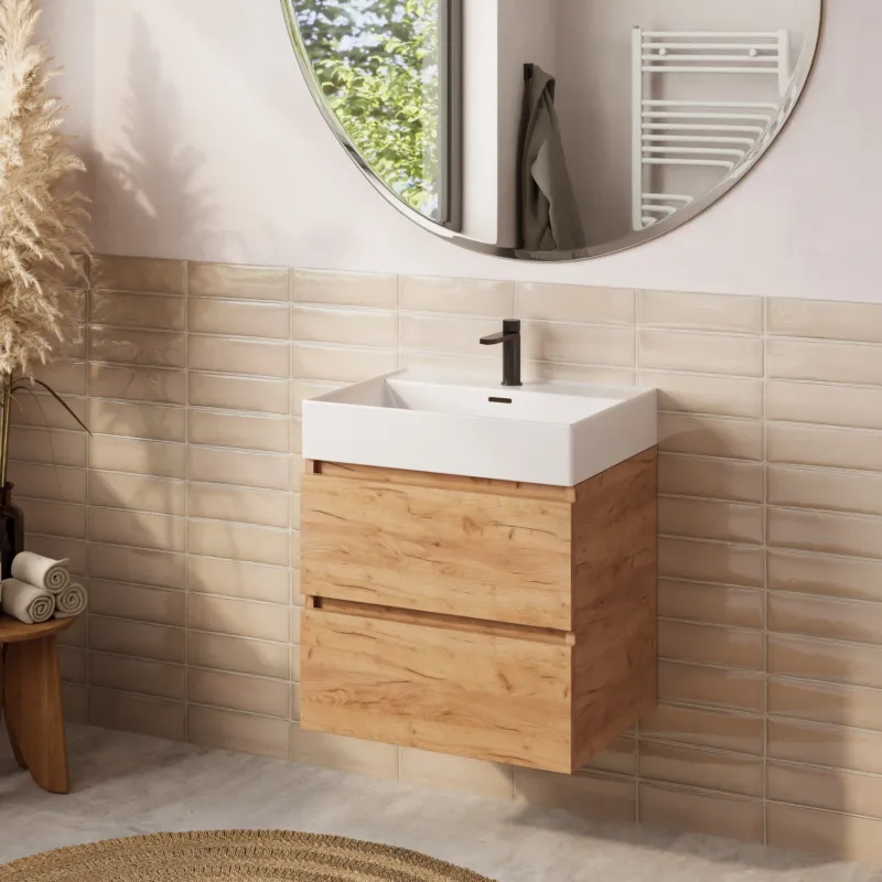 Beperkte Voorraad Fontana badkamermeubel 60cm warm eiken met Plieger Kansas wastafel glans wit met kraangat