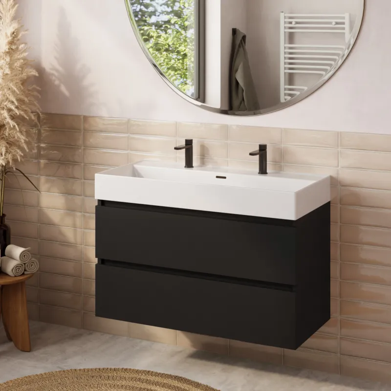 Snelle Levering Fontana badkamermeubel 100cm mat zwart met Plieger Kansas wastafel mat wit met 2 kraangaten