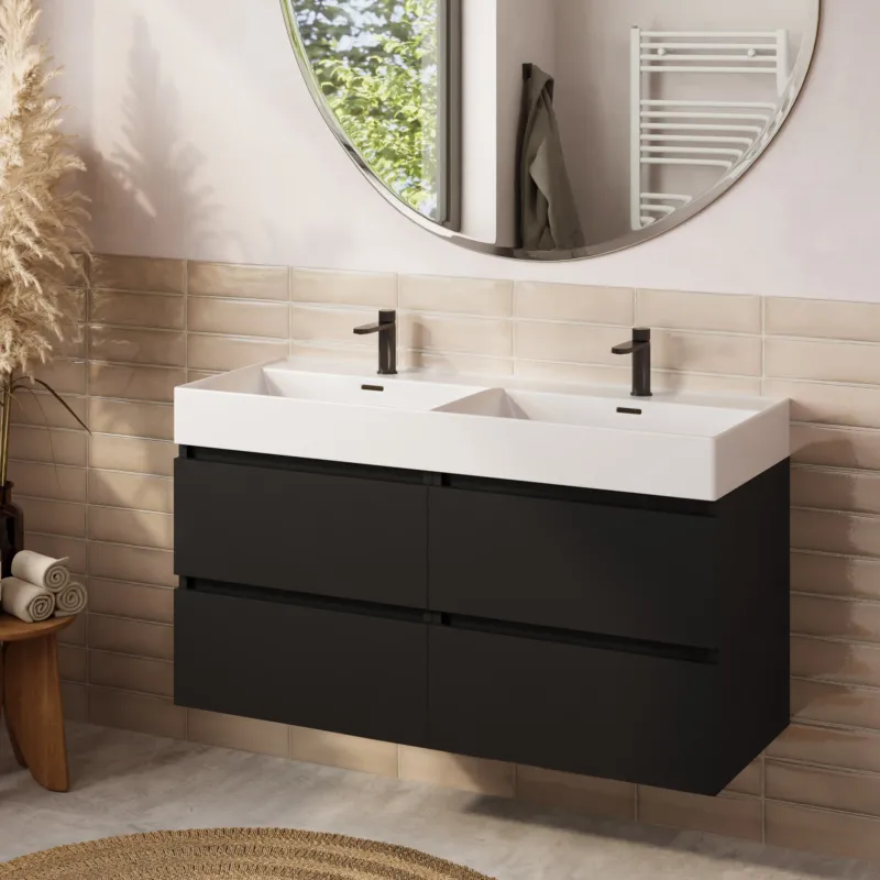Beperkte Voorraad Fontana badkamermeubel 120cm mat zwart met Plieger Kansas wastafel mat wit met 2 kraangaten